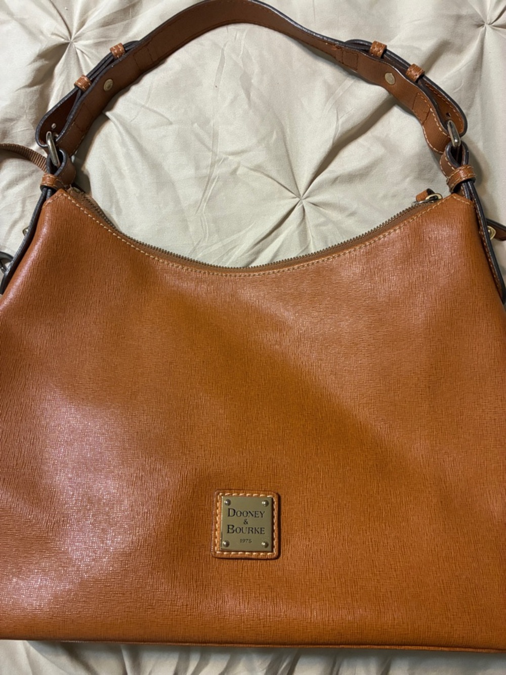 Dooney & Bourke Caramel Tan Leather Shoulder Bag with Metal Logo Plate